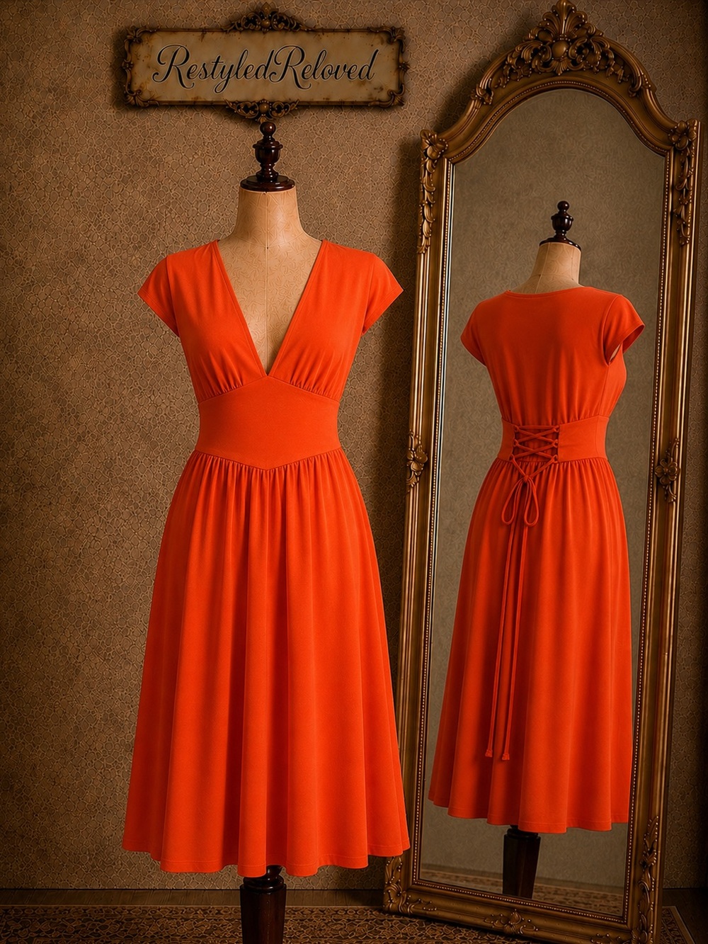 OYS Casual Deep V Neck Cap Sleeve Pleated Swing A Line Midi Dress With Pockets